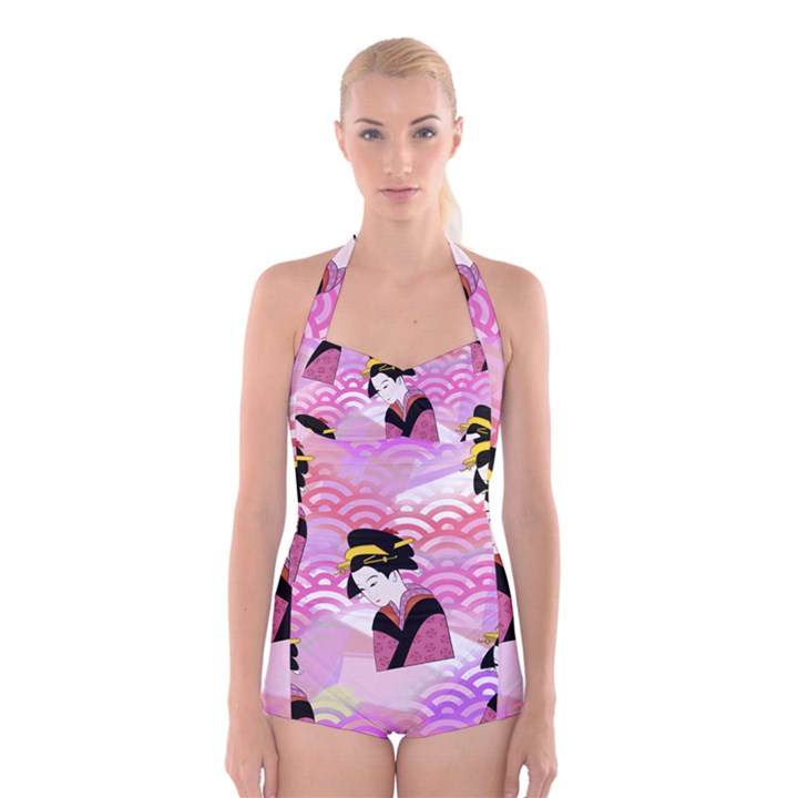 Japanese Abstract Pink Boyleg Halter Swimsuit 