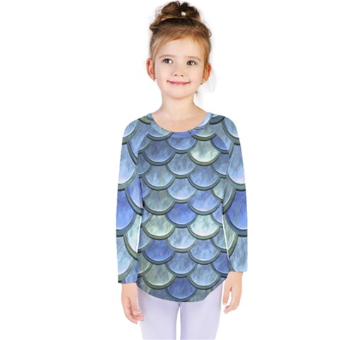 Blue Mermaid Scale Kids  Long Sleeve Tee by snowwhitegirl