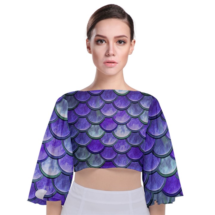 Blue Purple Mermaid Scale Tie Back Butterfly Sleeve Chiffon Top