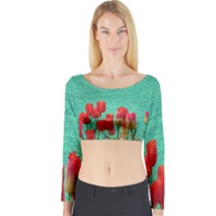 Green Denim Flowers Long Sleeve Crop Top by snowwhitegirl