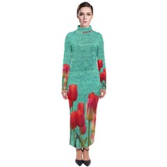 Green Denim Flowers Turtleneck Maxi Dress by snowwhitegirl