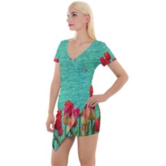 Green Denim Flowers Short Sleeve Asymmetric Mini Dress by snowwhitegirl