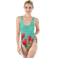 Green Denim Flowers High Leg Strappy Swimsuit by snowwhitegirl