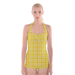 Yellow Sun Plaid Boyleg Halter Swimsuit  by snowwhitegirl