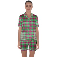 Pink Green Plaid Satin Short Sleeve Pyjamas Set by snowwhitegirl