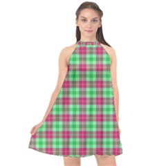 Pink Green Plaid Halter Neckline Chiffon Dress  by snowwhitegirl