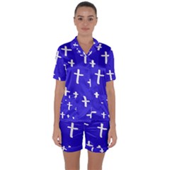 Blue White Cross Satin Short Sleeve Pyjamas Set by snowwhitegirl