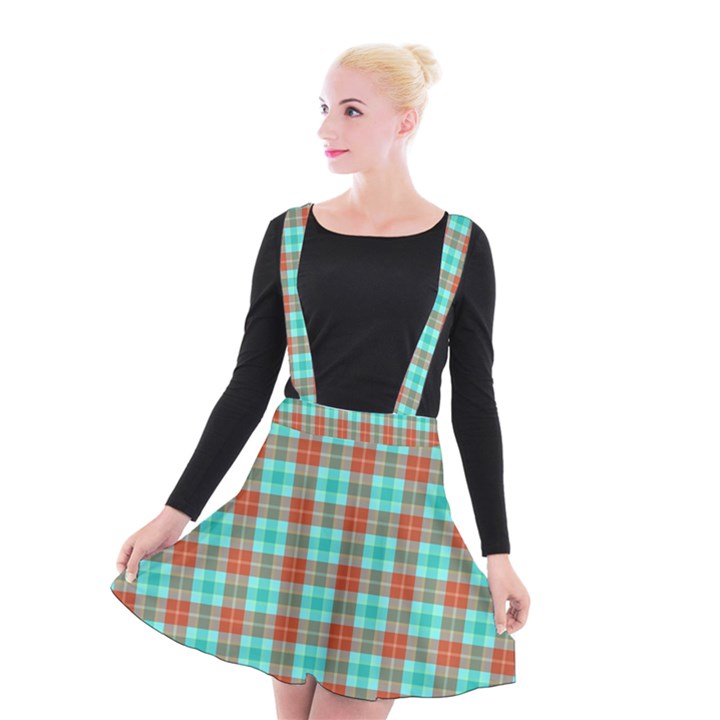 Aqua Orange Plaid Suspender Skater Skirt