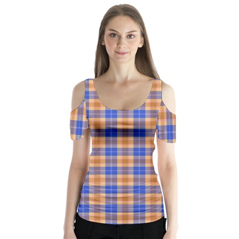 Orange Blue Plaid Butterfly Sleeve Cutout Tee  by snowwhitegirl