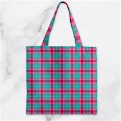 Blue Pink Plaid Zipper Grocery Tote Bag by snowwhitegirl