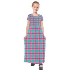 Blue Pink Plaid Kids  Short Sleeve Maxi Dress by snowwhitegirl