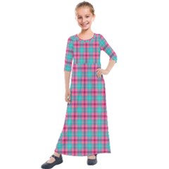 Blue Pink Plaid Kids  Quarter Sleeve Maxi Dress by snowwhitegirl