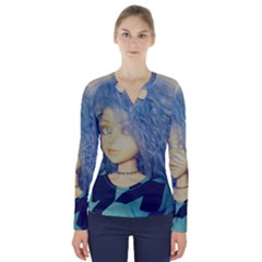 Blue Hair Boy V-neck Long Sleeve Top by snowwhitegirl