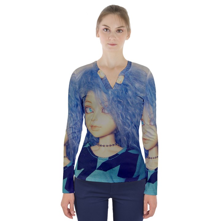 Blue Hair Boy V-Neck Long Sleeve Top