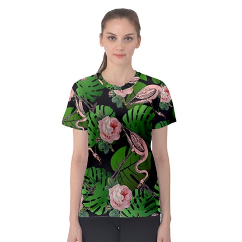 Flamingo Floral Black Women s Sport Mesh Tee by snowwhitegirl