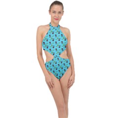 School Girl Pattern Blue Halter Side Cut Swimsuit by snowwhitegirl