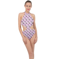 School Girl Pattern Pink Halter Side Cut Swimsuit by snowwhitegirl