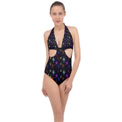 Colored Hand Draw Abstract Pattern Halter Front Plunge Swimsuit by dflcprints