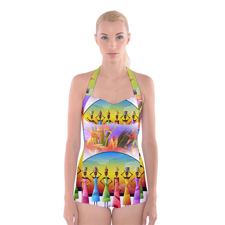 African American Women Boyleg Halter Swimsuit 