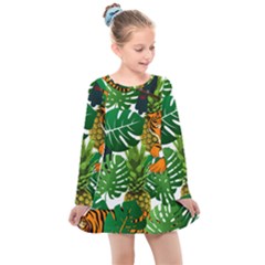 Tropical Pelican Tiger Jungle Kids  Long Sleeve Dress by snowwhitegirl