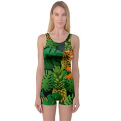 Tropical Pelican Tiger Jungle Black One Piece Boyleg Swimsuit by snowwhitegirl