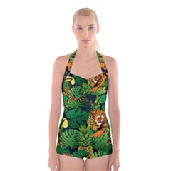 Tropical Pelican Tiger Jungle Black Boyleg Halter Swimsuit  by snowwhitegirl