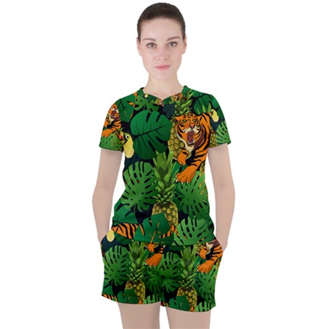 Tropical Pelican Tiger Jungle Black Women s Tee And Shorts Set by snowwhitegirl