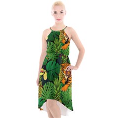 Tropical Pelican Tiger Jungle Black High-low Halter Chiffon Dress  by snowwhitegirl