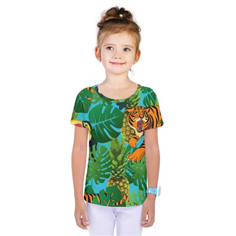 Tropical Pelican Tiger Jungle Blue Kids  One Piece Tee by snowwhitegirl