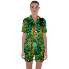 Tropical Pelican Tiger Jungle Blue Satin Short Sleeve Pyjamas Set by snowwhitegirl