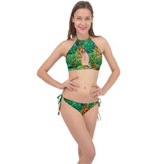 Tropical Pelican Tiger Jungle Blue Cross Front Halter Bikini Set by snowwhitegirl