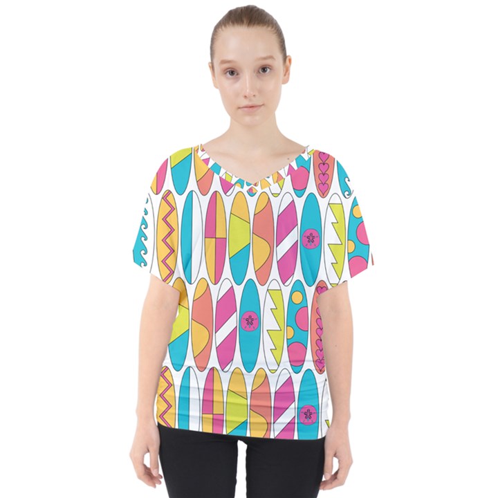 Mini Rainbow Colored Waikiki Surfboards  V-Neck Dolman Drape Top