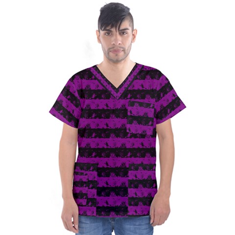 Zombie Purple And Black Halloween Nightmare Stripes  Men s V-neck Scrub Top by PodArtist