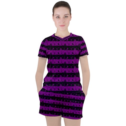 Zombie Purple And Black Halloween Nightmare Stripes  Women s Tee And Shorts Set by PodArtist