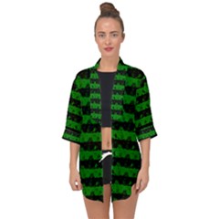 Alien Green And Black Halloween Nightmare Stripes  Open Front Chiffon Kimono by PodArtist