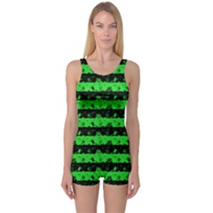 Monster Green And Black Halloween Nightmare Stripes  One Piece Boyleg Swimsuit by PodArtist