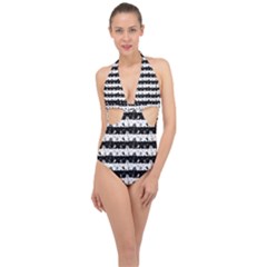 Black And White Halloween Nightmare Stripes Halter Front Plunge Swimsuit by PodArtist