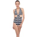 Black and White Halloween Nightmare Stripes Halter Front Plunge Swimsuit View1