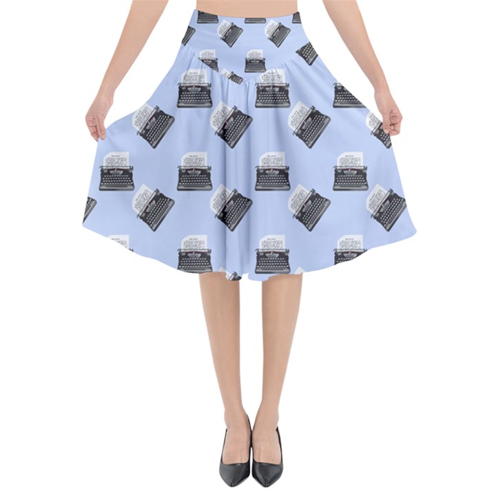 Retro Typewriter Blue Pattern Flared Midi Skirt