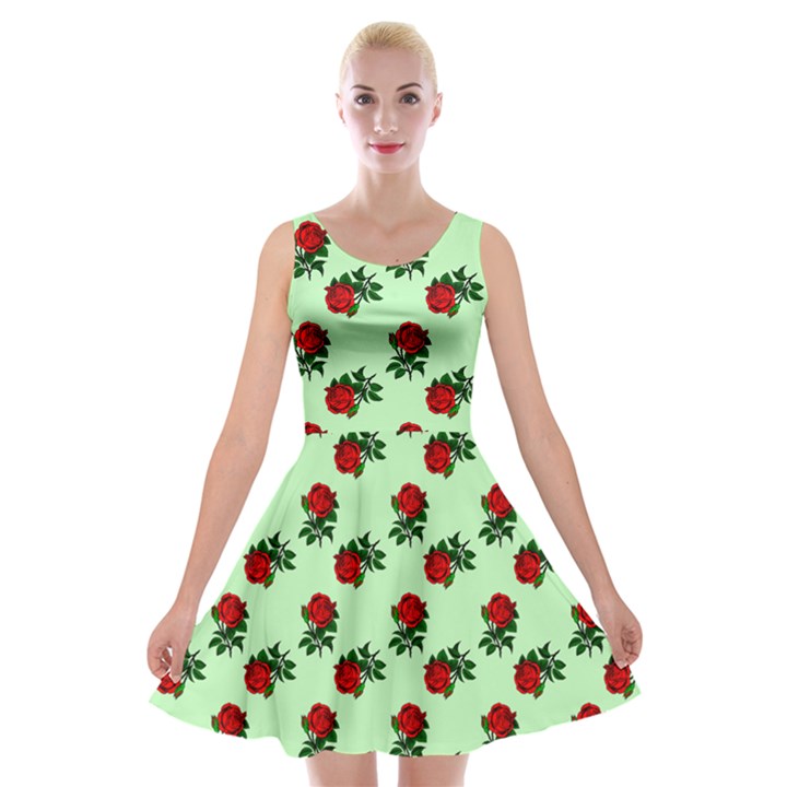 Red Roses Green Velvet Skater Dress