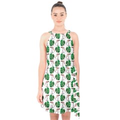 Flamingo Leaf Patttern Halter Collar Waist Tie Chiffon Dress by snowwhitegirl