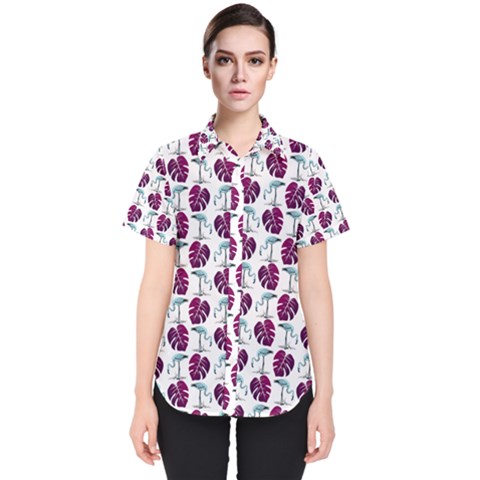 Flamingo Leaf Patttern Blue Women s Short Sleeve Shirt by snowwhitegirl