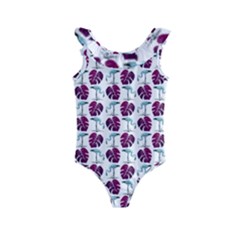 Flamingo Leaf Patttern Blue Kids  Frill Swimsuit by snowwhitegirl