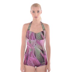 Pink Leaves Boyleg Halter Swimsuit  by snowwhitegirl