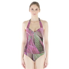 Pink Leaves Halter Swimsuit by snowwhitegirl