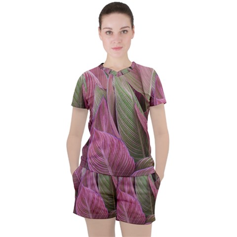 Pink Leaves Women s Tee And Shorts Set by snowwhitegirl