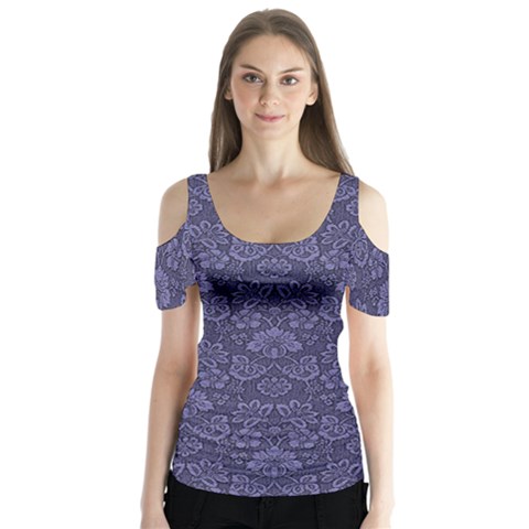 Damask Purple Butterfly Sleeve Cutout Tee  by vintage2030