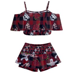 Gothic Woman Rose Bats Pattern Kids  Off Shoulder Skirt Bikini by snowwhitegirl