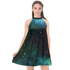 Galaxy Sky Blue Green Halter Neckline Chiffon Dress  by snowwhitegirl