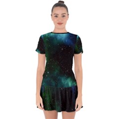 Galaxy Sky Blue Green Drop Hem Mini Chiffon Dress by snowwhitegirl